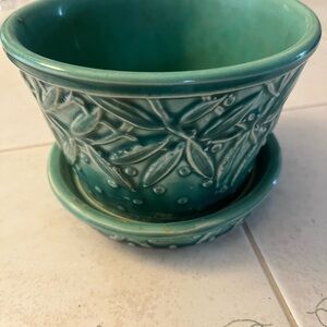 Vintage Aqua Leaf & Berry Design McCoy Planter with Saucer